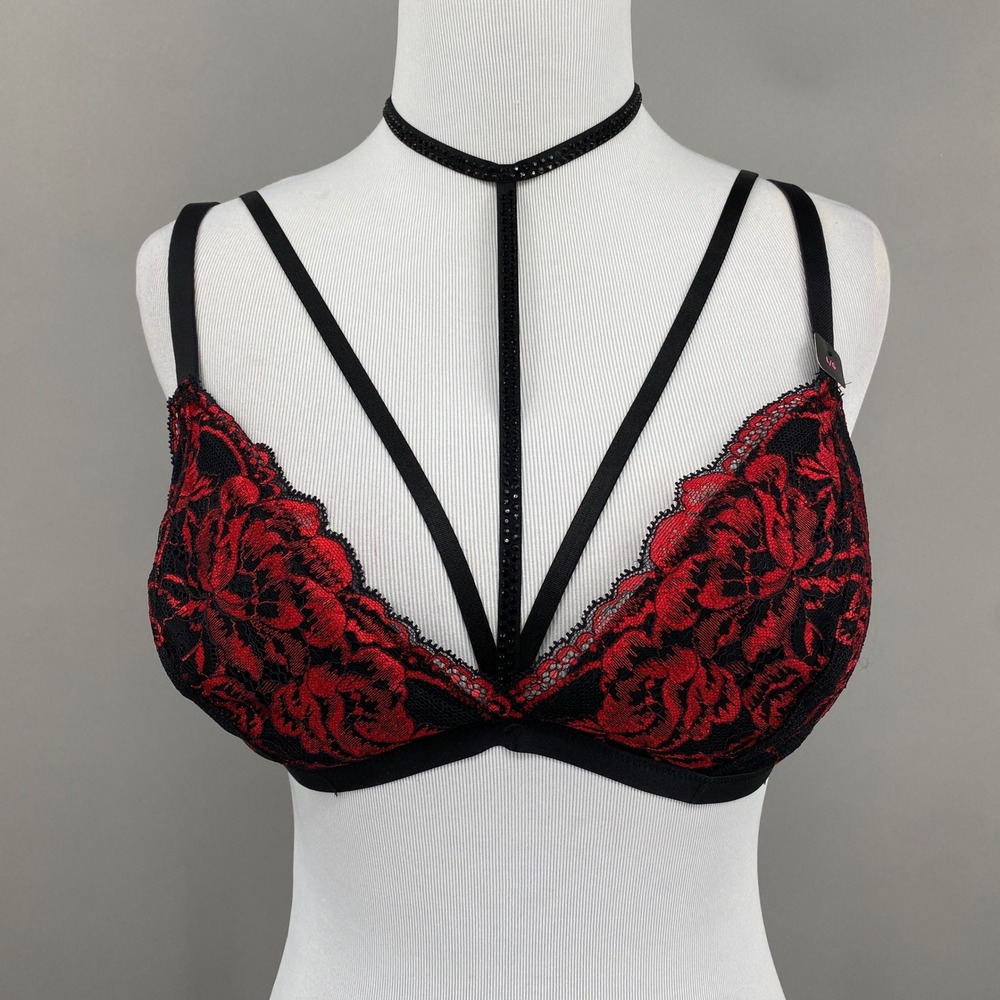 La Senza Strappy Lace Choker Bralette Large Red Rhinestone Cage Bra Dominatrixβ